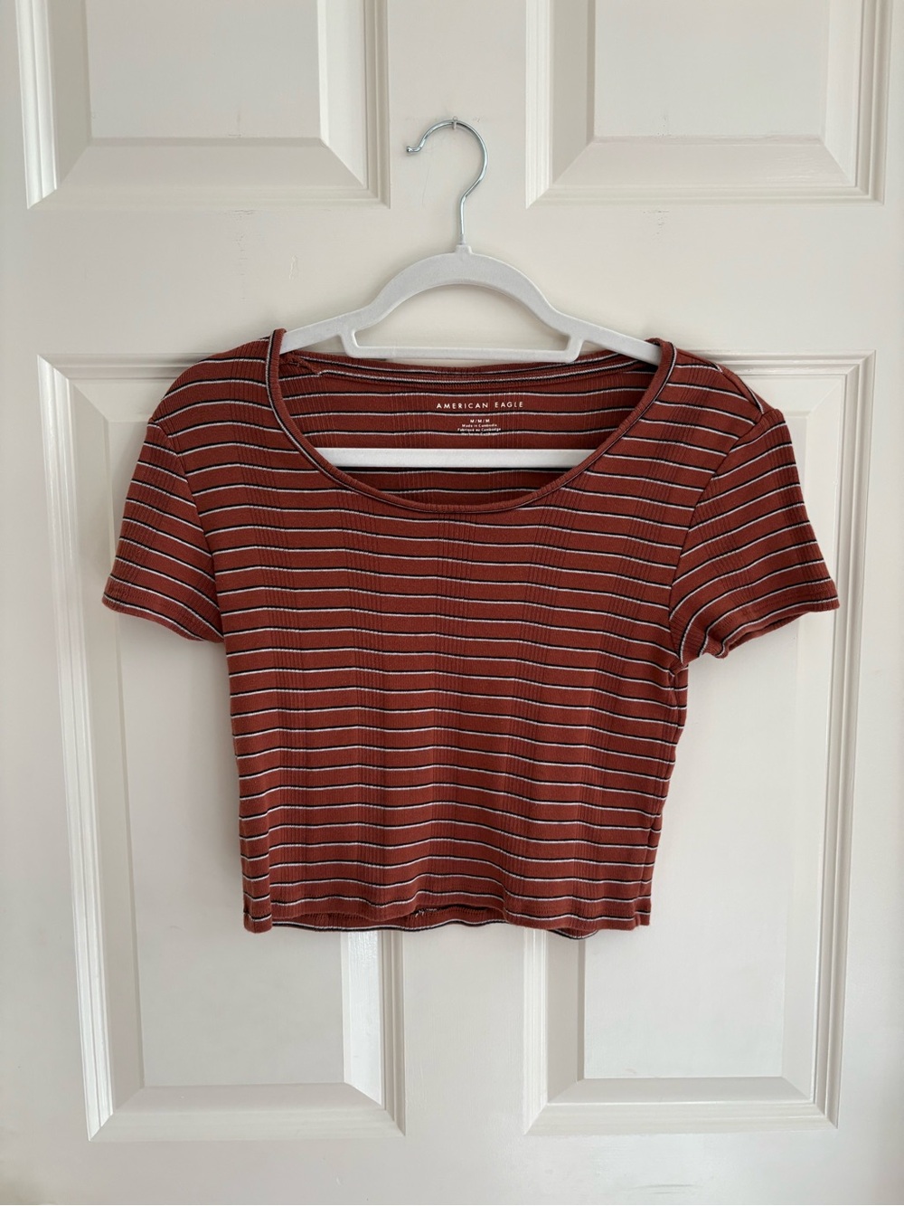 American Eagle Outfitters Rust & White Striped Crop Tee
